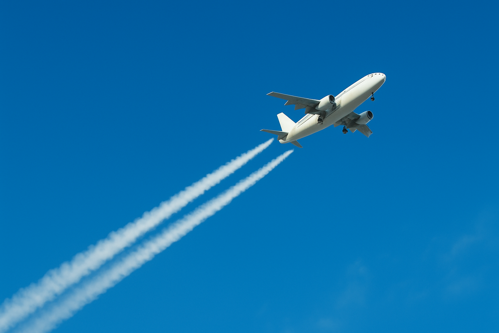 Blue sky with a passenger airplane flying across leaving a trail behind-1-1