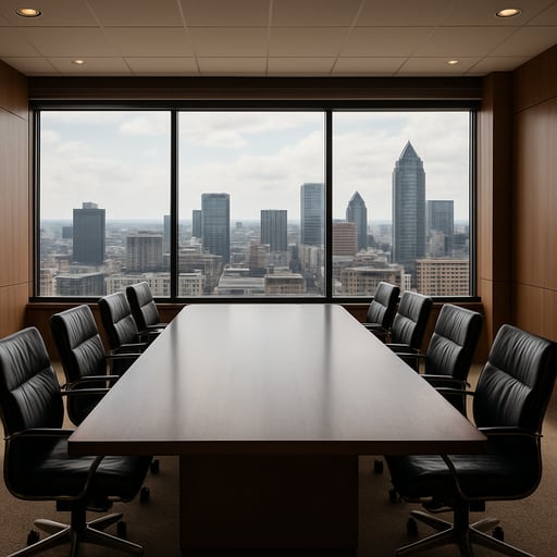 Inside of a boardroom with a big window overlooking a city landscape